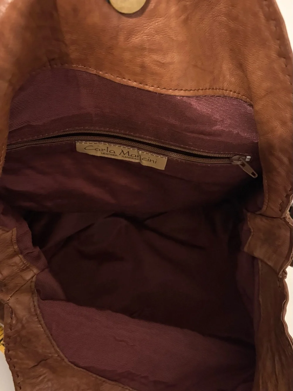 CARLA MANCINI Chestnut Brown Leather Hobo Shoulder Bag with Brass Ring Hardware